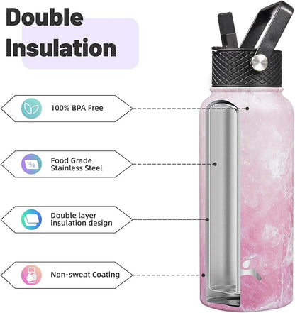 32 oz Insulated Water Bottle Stainless Steel Sport Bottles with 3 Lids,Marble Blossom