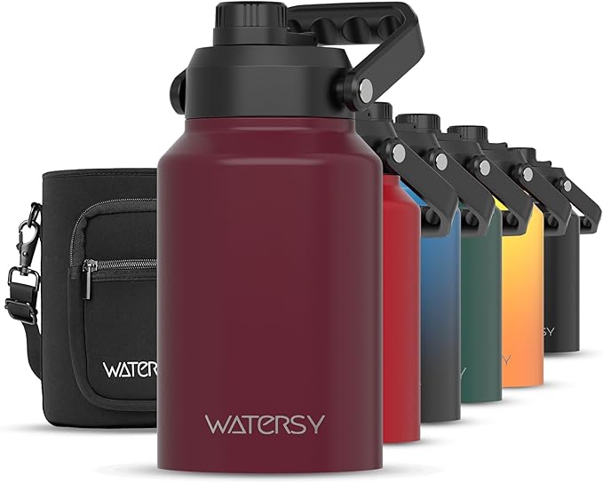 WATERSY Half Gallon Water Bottle Insulated(Cold for 48 Hrs),BPA Free&Leak Proof,64oz Stainless Steel Water Jug/Flask,Big thermo,Large Water Bottle with Handle for Gym,Hiking,Camping,Brick Red