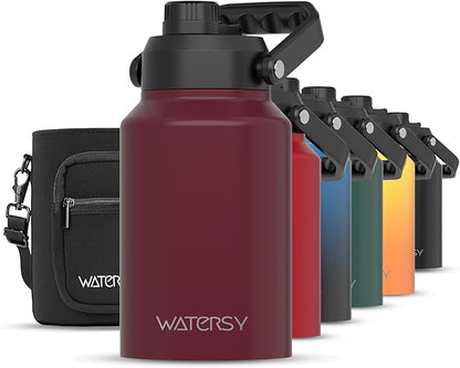 WATERSY Half Gallon Water Bottle Insulated(Cold for 48 Hrs),BPA Free&Leak Proof,64oz Stainless Steel Water Jug/Flask,Big thermo,Large Water Bottle with Handle for Gym,Hiking,Camping,Brick Red