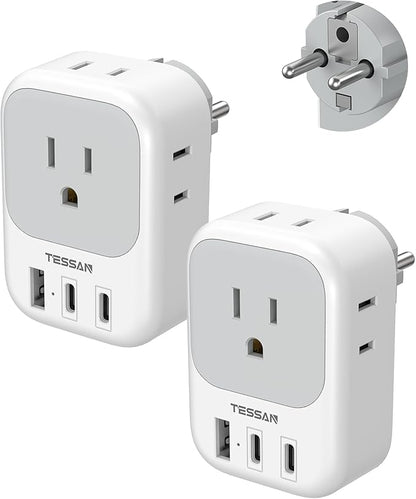 TESSAN 2 Pack Type E F Plug Adapter (2 USB-C), France Spain South Korea Power Adapter with 4 Outlets 3 USB, European Travel Adaptor for US to Germany Iceland Greece Portugal