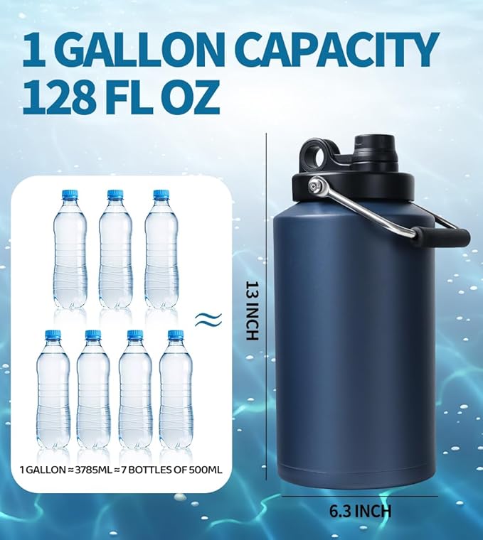Insulated Water Bottle, 1 Gallon Jug with Handle, 128 oz Stainless Steel Large Water Bottle Wide Mouth Double Vacuum for Hot & Cold Drinks, Navy Blue