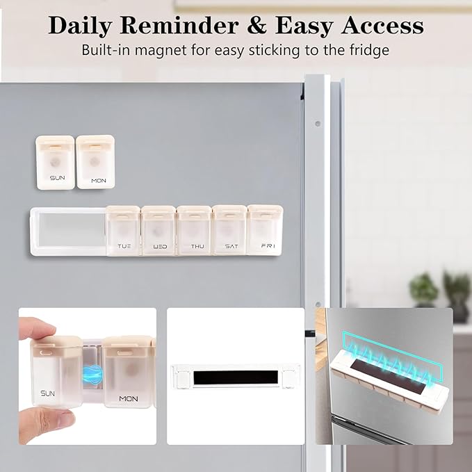 Weekly Pill Organizer Magnetic Large Travel Pill Case, Week Once Daily Medication Dispenser Medicine Container Holder for Supplement Box 7 Day 1 Time a Day (Brown)