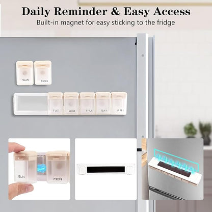 Weekly Pill Organizer Magnetic Large Travel Pill Case, Week Once Daily Medication Dispenser Medicine Container Holder for Supplement Box 7 Day 1 Time a Day (Brown)