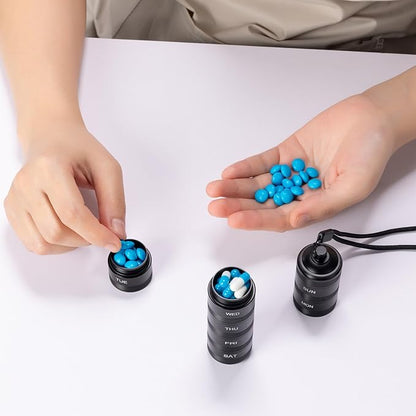 Portable Travel Pill Organizer - Metal Waterproof Pill Box, Small Compact Weekly Aluminum Alloy Container, 7 Day Daily Medicine Organizer Holder for Small Pills, Black S