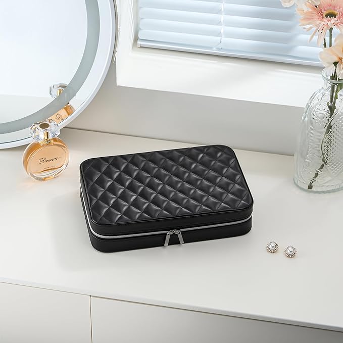Lolalet Travel Jewelry Case for Women Girls, Travel Jewelry Organizer Box with Mirror & Clear Storage Bag, Small Portable Earring Necklace Bracelet Ring Case, Birthday Christmas Gifts -Large, Black