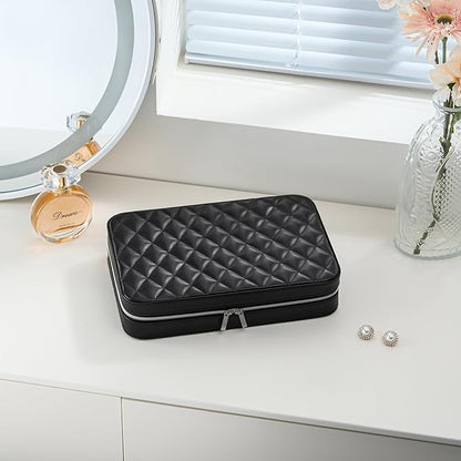 Lolalet Travel Jewelry Case for Women Girls, Travel Jewelry Organizer Box with Mirror & Clear Storage Bag, Small Portable Earring Necklace Bracelet Ring Case, Birthday Christmas Gifts -Large, Black