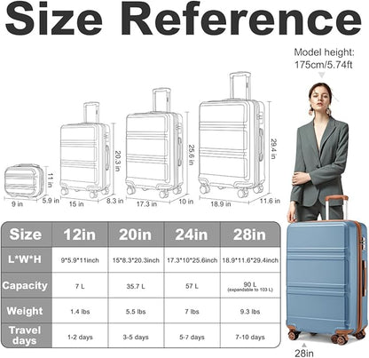 Kono 4 Piece Luggage Sets Expandable(only 28") with Spinner Wheels TSA Lock Lightweight PC+ABS Hardside Travel Rolling Suitcases 20in 24in 28in Carry on and 12in Mini Cosmetic Case Apricot Blue
