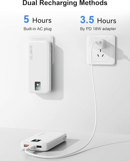 Portable Charger, 12000mAh 22.5W Fast Charging Power Bank with Built-in Cables & Wall Plug, Travel Essentials Battery Pack with LED Display, USB C External Battery Bank for iPhone iPad, Samsung White