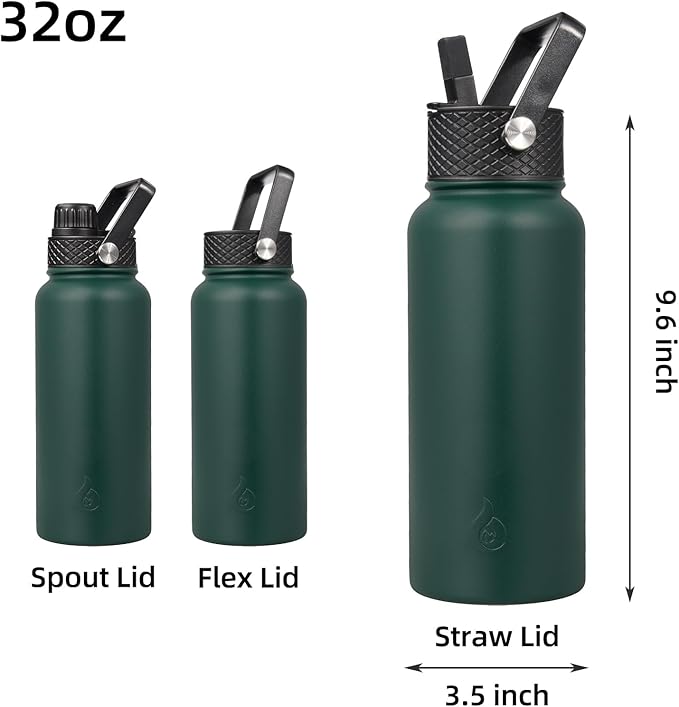 BJPKPK Insulated Water Bottles with Straw Lid, 32oz Metal Large Water Bottle with 3 Lids, Reusable Leak Proof BPA Free Thermo, Stainless Steel Tumblers for Sports, Gym, Travel-Army Green