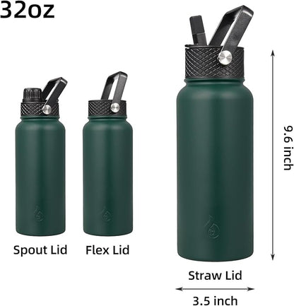 BJPKPK Insulated Water Bottles with Straw Lid, 32oz Metal Large Water Bottle with 3 Lids, Reusable Leak Proof BPA Free Thermo, Stainless Steel Tumblers for Sports, Gym, Travel-Army Green