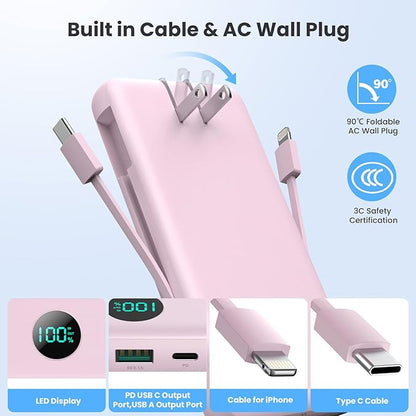 Portable Charger 33800mAh USB C Power Bank with Built-in Cables & AC Wall Plug,25W Fast Charging+QC 4.0 Phone Charger,4 Output Travel Essentials Battery Pack for iPhone16/15/14/13,Samsung,Android etc