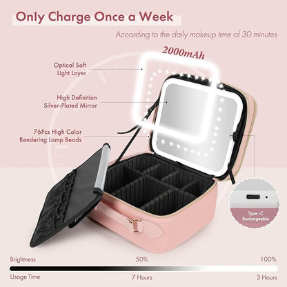 Travel Makeup Bag with LED Mirror Double Layer, Detachable Vanity Mirror with Lights, Tri-light Dimmable, Makeup Case with Adjustable Dividers and Brush Holder Cosmetic Organizer Storage Box