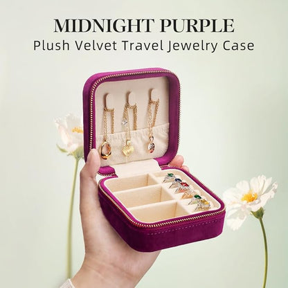 TAIMY Travel Jewelry Case, Small Plush Velvet Jewelry Box for Women and Girls, Portable Jewelry holder organizer for Rings Earrings Necklaces Bracelets(Midnight Purple)