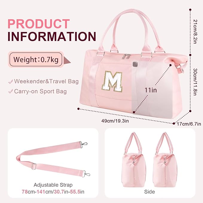 Dance Gym Duffel Bag for Teen Girls, Personalized Initial Travel Weekender Bag,Cute Overnight Carry On Duffle for Women,Sports Travel Cheer Bag,Monogram Christmas Gifts for Tween Preppy(pink-M)