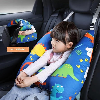 Travel Pillow Car Cushion for Kids 6 Years Old+ Shoulder Neck Back Support & Seat Belt Comfort, Road Trip Cozy Sleeping Gift for Young Travelers, Parents, Families, Baby Shower (Dinosaur Blue)
