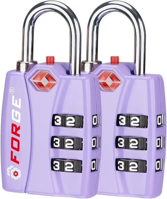 Forge Luggage Locks TSA Approved 2 Pack Purple, Small Combination Lock with Zinc Alloy Body, Open Alert, Easy Read Dials, for Travel Suitcase, Bag, Backpack, Lockers.