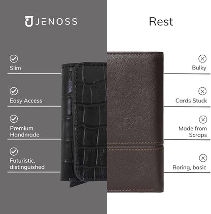 Jenoss Smart Wallet For Men: Full Grain Leather, Handcrafted, Slide Metal Pop Up Case, Slim RFID Blocking Credit Card Holder, Minimalist Compact, 6-8 Cards Organizers, Front Pocket, Money Clip (Black)