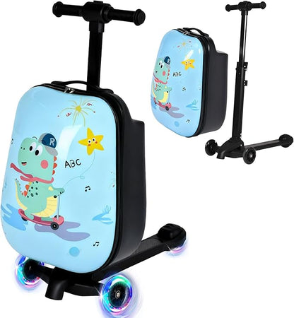 smilesun 4-in-1 Detachable Scooter Luggage for Kids & Teens, Hardside Ride-On Suitcase with Dinosaur Design, Lightweight Foldable, Perfect Travel Gift for Boys(Light Blue 22-inch)