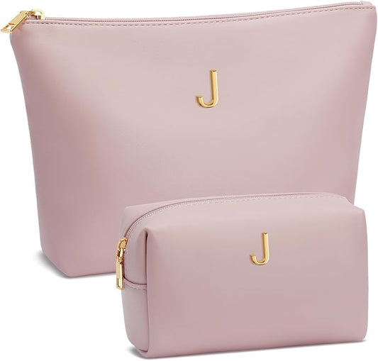 Women Gifts | Initial Makeup Bag Set for Girl Personalized Gifts for Bridesmaid Friend Graduation Teachers PU Leather Cosmetic Travel Toiletry Bag(Pink,J)