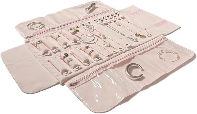 UnionPlus Velvet Travel Jewelry Case Roll Bag Organizer for Necklace Bracelet Earrings Ring, 6 PVC Pockets, Pink Upgrade Version