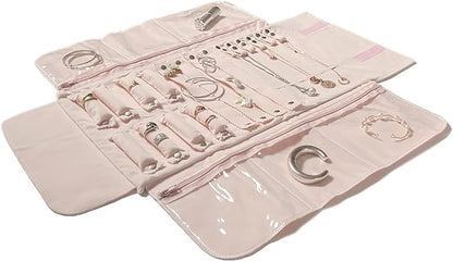 UnionPlus Velvet Travel Jewelry Case Roll Bag Organizer for Necklace Bracelet Earrings Ring, 6 PVC Pockets, Pink Upgrade Version