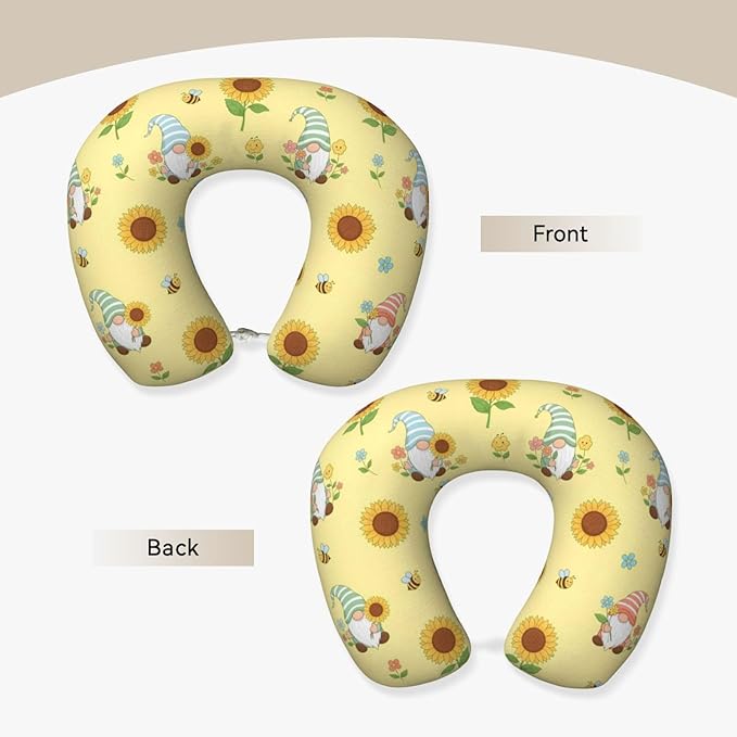Funny Neck Pillow Support for Car Flight Rest Honey Bees Cute Gnome Sunflower Floral, Memory Foam U Shaped Decor Head Cushion for Home Outdoors Travel