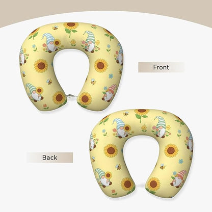 Funny Neck Pillow Support for Car Flight Rest Honey Bees Cute Gnome Sunflower Floral, Memory Foam U Shaped Decor Head Cushion for Home Outdoors Travel