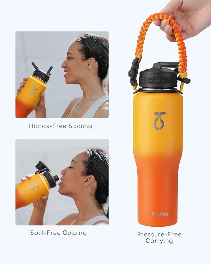 Trebo 32oz Insulated Water Bottle that Fits in Cup Holder, Stainless Steel Bottles Tumbler Double Wall Metal with Straw Spout Lids,Travel Flask with Paracord Handle, Sweat Proof Keep Cold &Hot,Orange