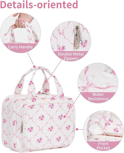 Narwey Hanging Toiletry Bag for Women Travel Makeup Bag Organizer Toiletries Bag for Travel Size Essentials Accessories Cosmetics (Bowknot and Flower (Medium))