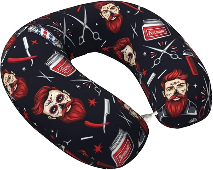 Support Neck Pillow for Youth Travel, Washable Airplane Chin Supporting and Relax U Shaped Pillows Vintage Barber Shop Tools
