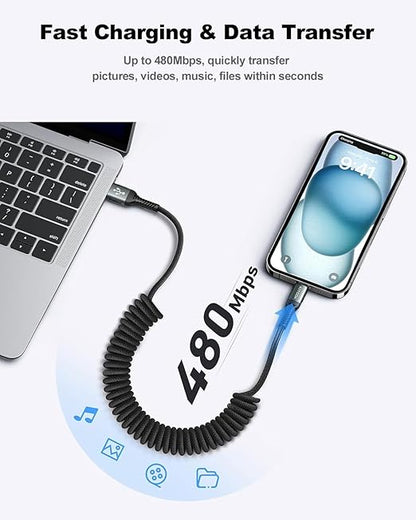 USB C Cable Coiled 6FT 2Pack, Braided USB A to Type C Charger Cable for Car 66W Fast Charging Cord Compatible with iPhone 17 16 15, iPad, Samsung Galaxy, Google Pixel, Moto, TCL, LG Phones