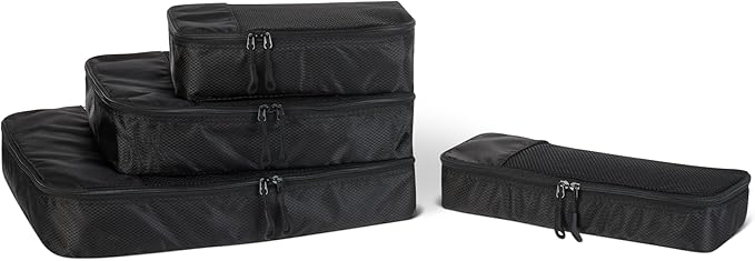Amazon Essentials 4-Piece Packing Cubes Travel Accessories Set, Luggage Organizer with Double Zipper, Mesh Top, 100% Polyester, Small/Medium/Large/Slim, Black (Previously Amazon Basics)