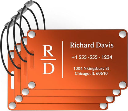 Luggage Tags for Suitcases 4 Pack: Personalized Luggage Tags for Backpacks & Bags Tags with Coustomizable Texts (Orange)