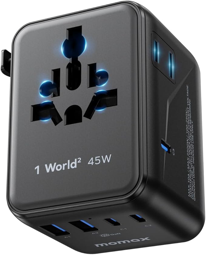 MOMAX 7-in-1 Universal Travel Adapter, GaN 45W iPhone 17 European Travel Plug Adapter, 3 USB-C PD & 2 USB-A QC,2 AC, International Power Adapter for Travel UK EU AUS JP, Travel Essentials