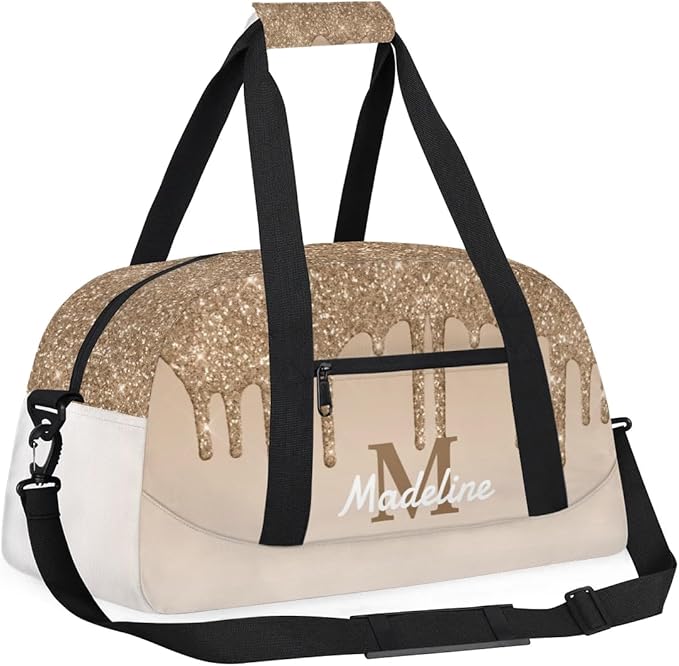 Personalized Kids Sports Duffel Bag with Name Custom Weekender Overnight Bag for Boys Girls Gym Bag Travel Dance Gymnastics Duffel Bag, Tan Glitter
