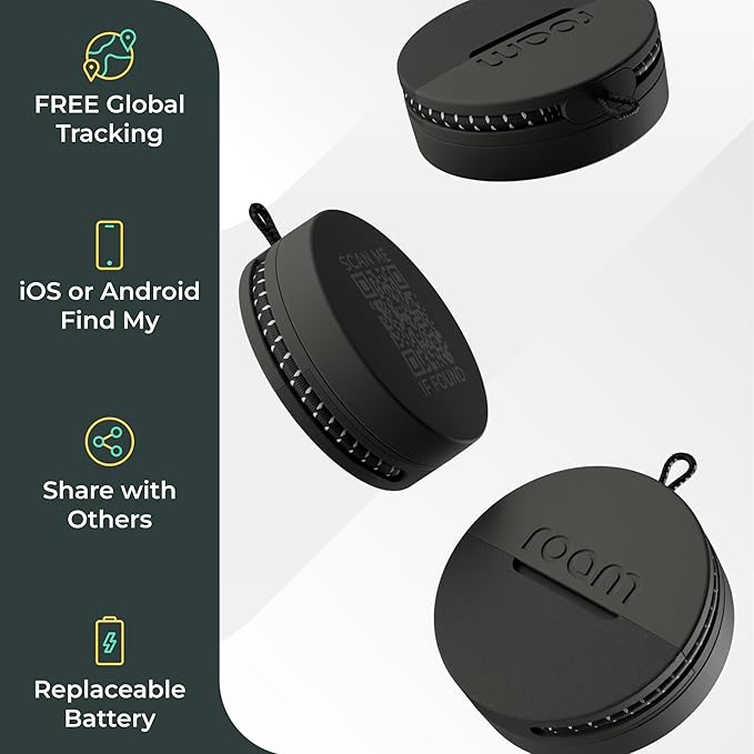 Roam Smart Tracker | Eco-Friendly Travel Tracker with Built-in Elastic Strap | QR Lost & Found, Global Find My Network | Replaceable Battery | No Extra App or Subscription | 2-Pack, Black & Blue