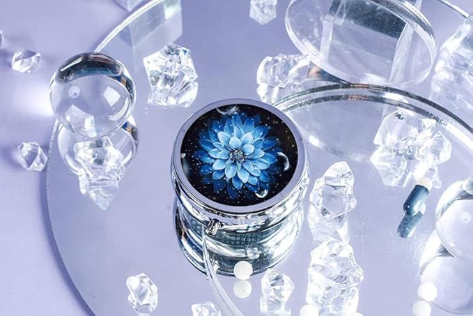 Pill Box,Blue Flower Round Pill Box 3 Compartment Decorative Pocket Purse Portable Mini Travel Medicine Tablet Vitamin Holder Organizer Pill Case