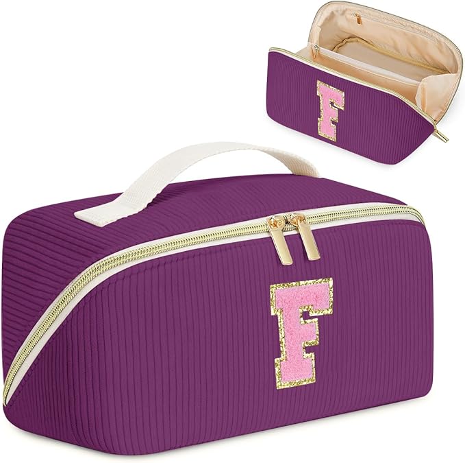 Personalized Initial Makeup Bag,Christmas Gifts for Girl,Preppy Bag Cosmetic Travel Bag Women,Travel Toiletry Organizer,Large Capacity Corduroy Stuff Bag,Cute Cosmetic Pouch Skincare Bag-F
