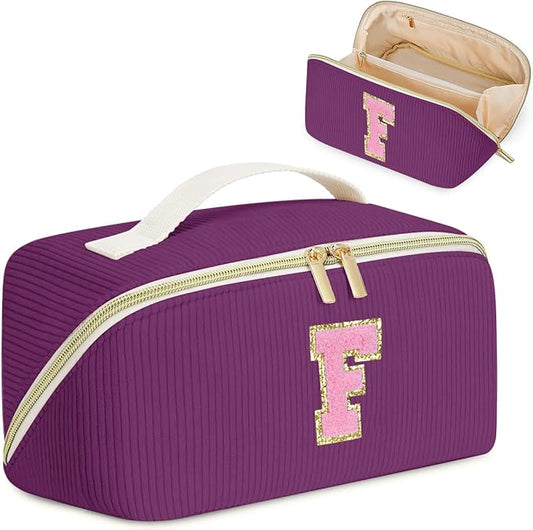 Personalized Initial Makeup Bag,Christmas Gifts for Girl,Preppy Bag Cosmetic Travel Bag Women,Travel Toiletry Organizer,Large Capacity Corduroy Stuff Bag,Cute Cosmetic Pouch Skincare Bag-F