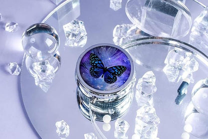 Pill Box,Butterfly Purple Galaxy Feather Round Pill Box 3 Compartment Decorative Pocket Purse Portable Mini Travel Medicine Tablet Vitamin Holder Organizer Pill Case