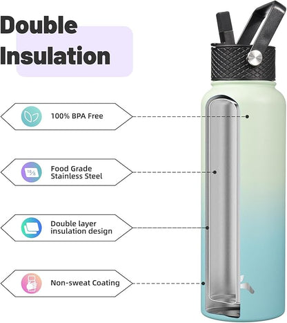 40oz Insulated Water Bottle Stainless Steel Sport Bottles with 3 Lids,Mint