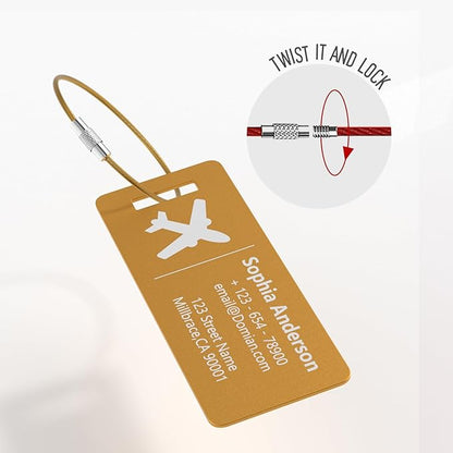 4 Personalized Metal Luggage Tags, Laser Engrave Name and Logo, Custom Aluminum Suitcase Tags with Steel Ring, for Travel, Backpack, Baggage (Golden)