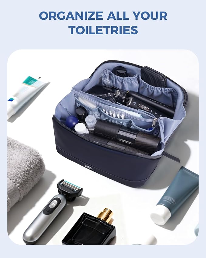 WANDF Toiletry Bag for Men, PU Leather Travel Organizer with Detachable Waterproof Hanging Pouch, Open-Flat Dopp Kit Shaving Bag with Wet Pocket for Travel Toiletries Accessories (Navy Blue)