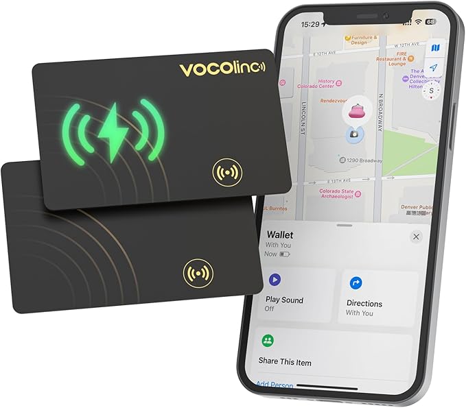 [Apple MFi Certified] VOCOlinc Air Card Tag Rechargeable Wallet Tracker 1.6mm 2 Pack, Item Finder Work with Apple Find My APP (iOS Only, Android not Supported), Bluetooth Locator for Luggage, Suitcase