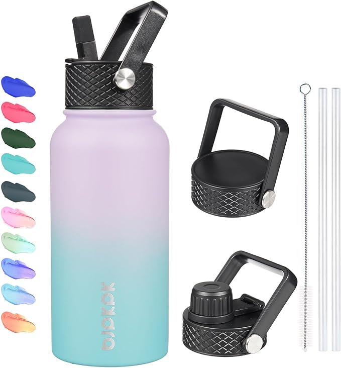 BJPKPK Insulated Water Bottles with Straw Lid, 27oz Stainless Steel Water Bottle with 3 Lids, Leak Proof BPA Free Metal Thermo, Mugs, Tumblers, Keep Cold Hot - Lavender Green
