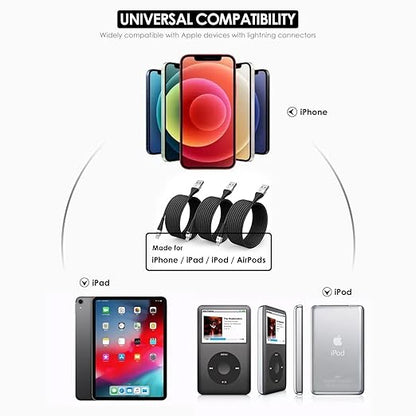 iPhone Charger 3 Pack 6 Ft [Apple MFi Certified] USB to Lightning Cable Fast Charging Cord Compatible with iPhone14/13/12/11 Pro Max/Pro/XS Max/XS/XR/X/8 Plus/8/7/iPad/iPod/AirPods, Black