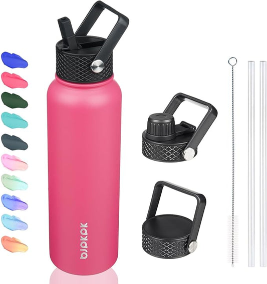 BJPKPK Insulated Water Bottles with Straw Lid, 40oz Stainless Steel Water Bottles with 3 Lids, BPA Free Leakproof Thermo, Tumblers, Cups for Sports, Gym- Rose Pink