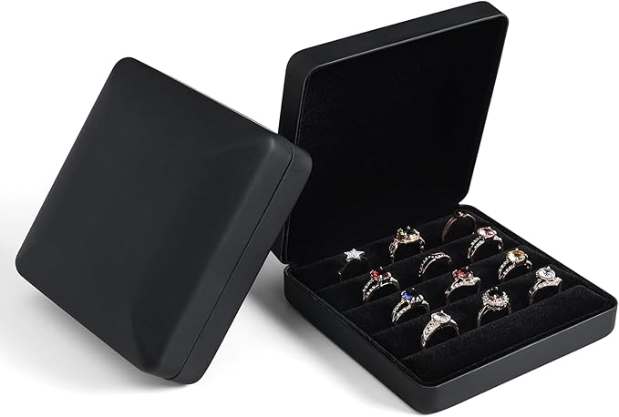 Small Ring Organizer Box, Portable Jewelry Rings Display Collector Case, Jewelry Ring Tray holder Showcase. Modern Rings Storage Boxes Fit for Women, Girl for Travel (Black)