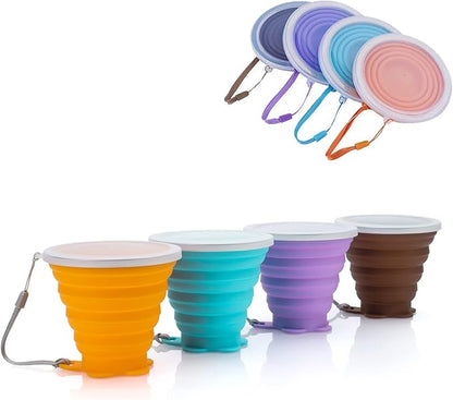 JBER Silicone Collapsible Travel Cup, 4 Pack Silicone Folding Camping Cup with Lids Expandable Drinking Cup Set BPA Free Reusable Portable Graduated for Outdoor Hiking Travel