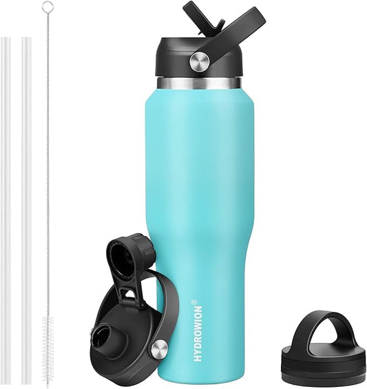 HYDROWION 32oz Stainless Steel Water Bottle(Cold for 48 Hrs, Hot for 24 Hrs), Double Wall Vacuum Insulated Water Bottle with Straw Lid, Spout Lid and Flex Cap, Fit in Any Car Cup Holder, Mint